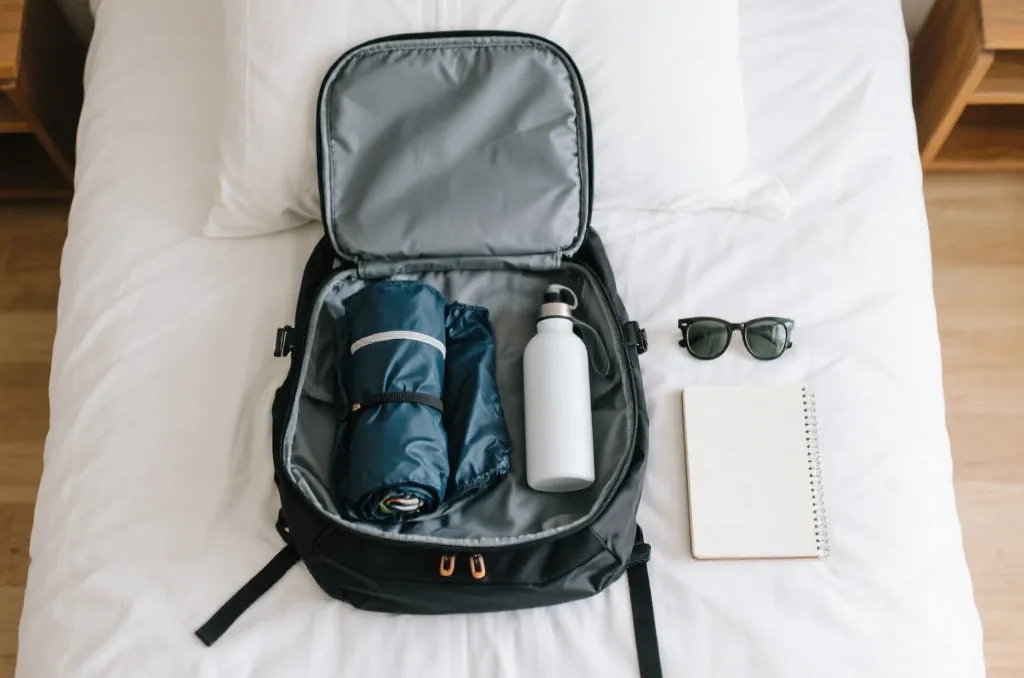 A neat backpack open on a bed, showing a rolled-up raincoat, a generic water bottle, sunglasses, and a small notebook