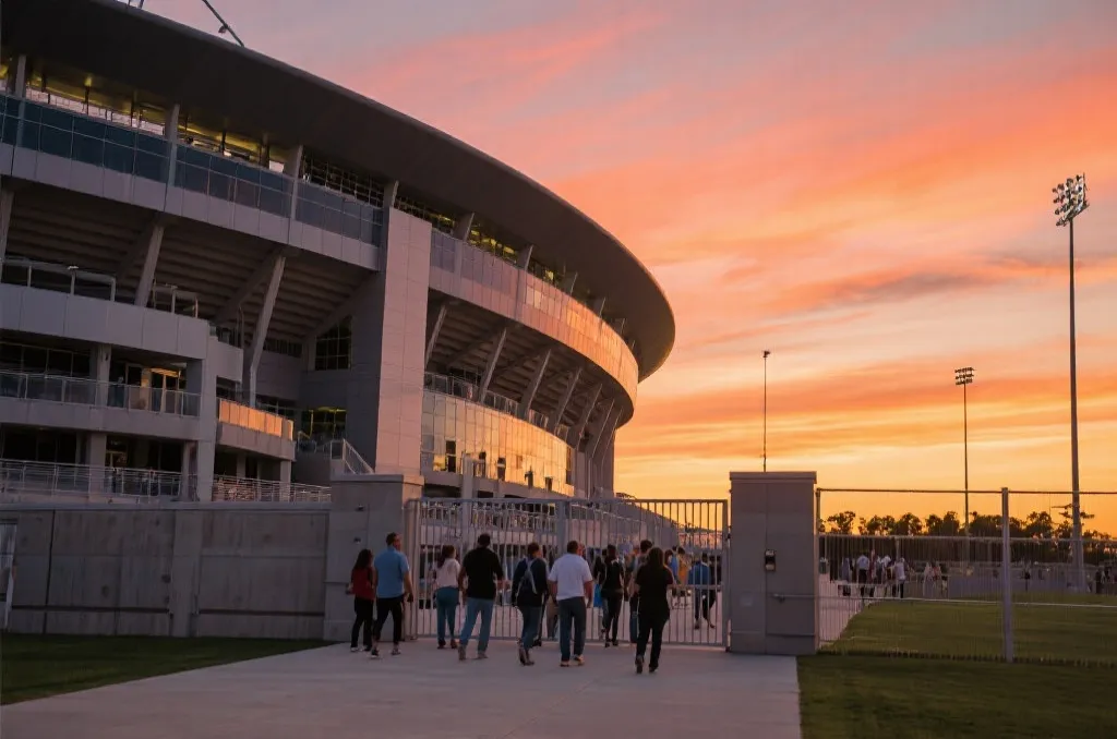 A wide editorial shot of a modern sports stadium exterior during a vibrant sunset with people walking towards the gates